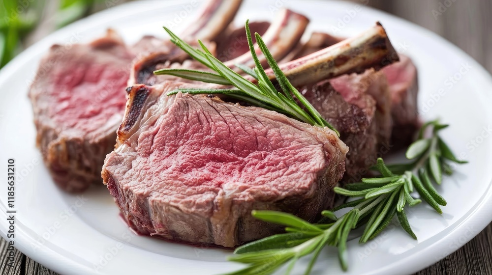 Succulent rack of lamb garnished with fresh rosemary elegantly arranged on a white plate for gourmet dining presentation. Succulent rack of lamb garnished with fresh rosemary elegantly arranged on a white plate for gourmet dining presentation.