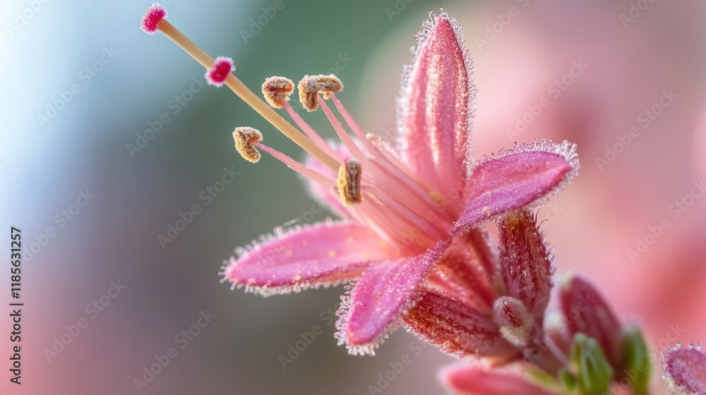 Fototapeta premium Macro shot of delicate pink flower revealing intricate details of petals and stamen against a blurred background showcasing nature's beauty.