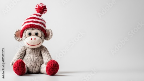 Sock Monkey with Red and White Striped Hat Sitting on Plain White Background Perfect for Holiday Crafts and Nostalgic Decor photo