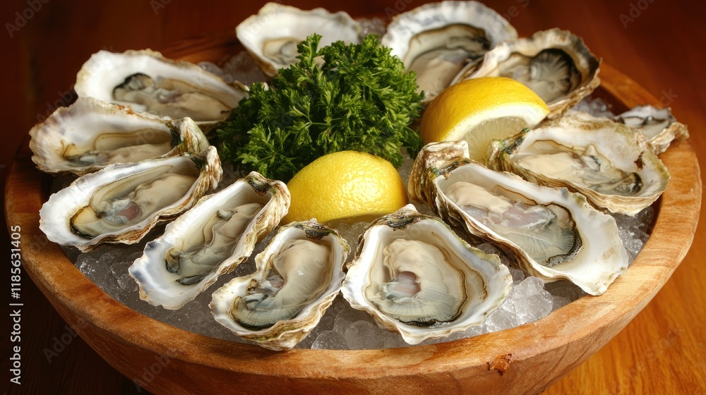 Freshly shucked oysters on a bed of ice garnished with lemon and parsley served with a glass of white wine in an elegant presentation Freshly shucked oysters on a bed of ice garnished with lemon and parsley served with a glass of white wine in an elegant presentation