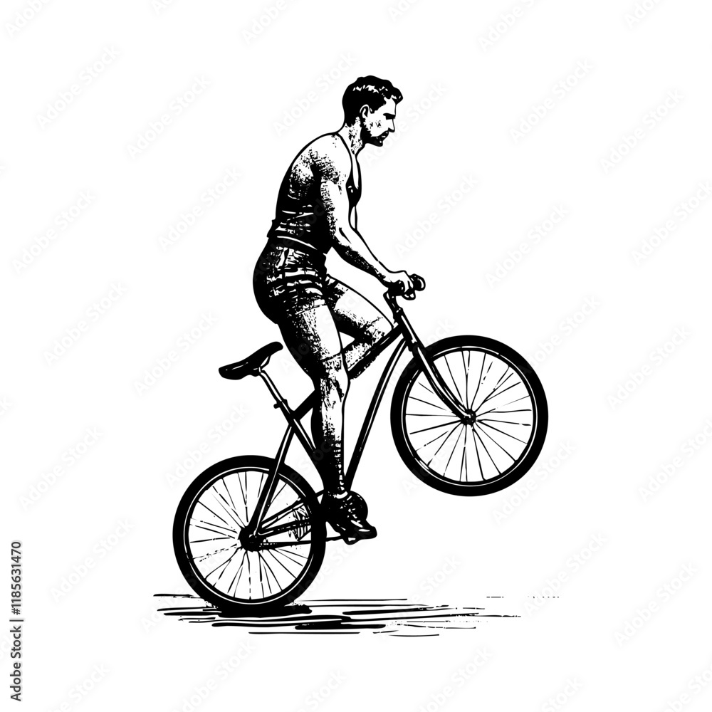Obraz premium man riding bicycle sketch engraving black and white outline. Scratch board imitation.