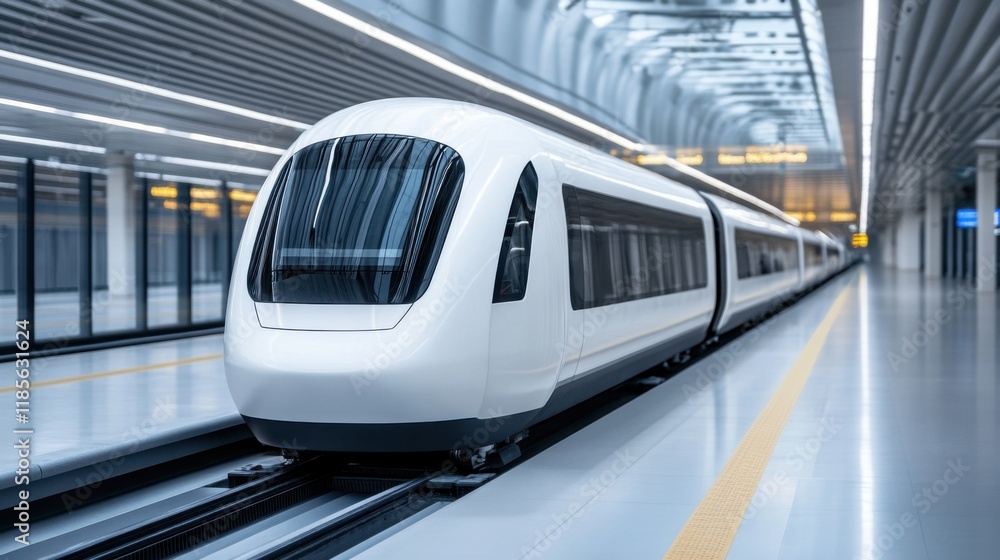 Naklejka premium Modern High-Speed Train at Sleek Station Interior with Bright Minimalist Design and Empty Platform