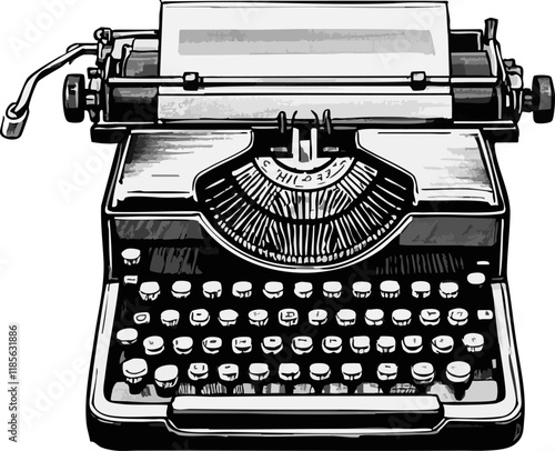 Retro typewriter machine section sketch engraving black and white outline. Scratch board imitation.
