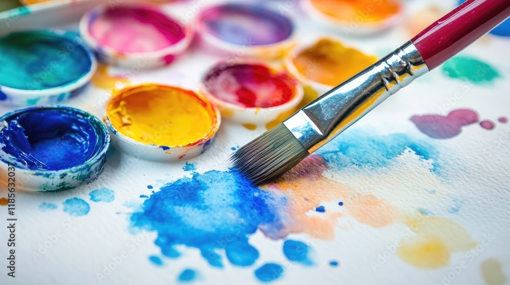 Obraz premium Watercolor painting tools with vibrant palettes and brush creating colorful splashes on white paper for educational art projects.
