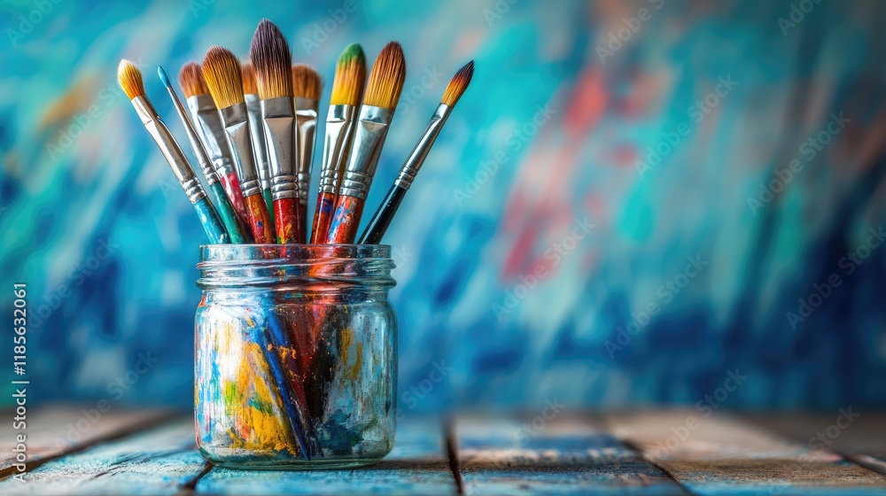 Fototapeta premium Artistic paint brushes arranged in a jar on a textured wooden surface with a colorful artistic backdrop for creative projects and inspiration.