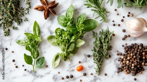 Wallpaper Mural Open notebook surrounded by a variety of fresh herbs and spices on a marble countertop natural culinary inspiration Torontodigital.ca