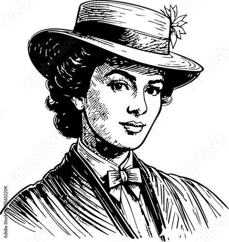 woman wear hat  sketch engraving black and white outline. Scratch board imitation.