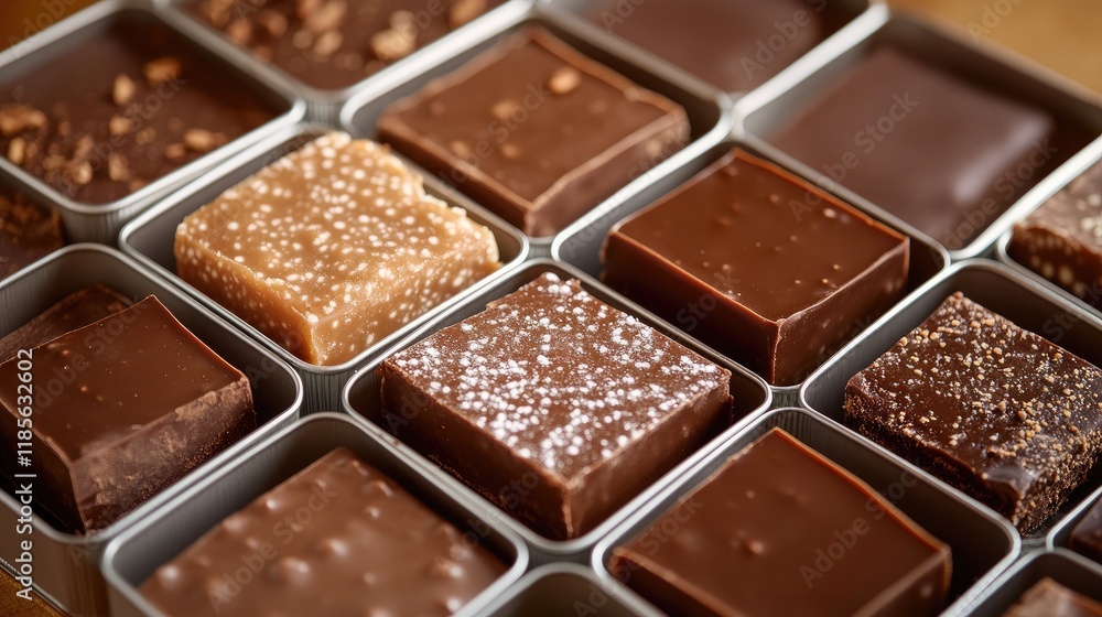 Homemade fudge assortment beautifully packaged in tin boxes perfect for festive food gifts and special occasions. Homemade fudge assortment beautifully packaged in tin boxes perfect for festive food gifts and special occasions.