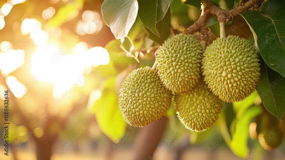 Ripening green fruits on a tree branch illuminated by sunlight in an orchard setting on a beautiful sunny day. Ripening green fruits on a tree branch illuminated by sunlight in an orchard setting on a beautiful sunny day.