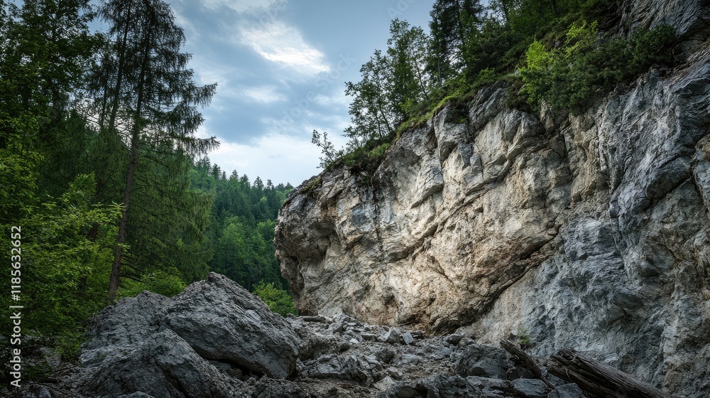 Majestic Rockfall Among Lush Green Forest in a Tranquil Natural Landscape Majestic Rockfall Among Lush Green Forest in a Tranquil Natural Landscape