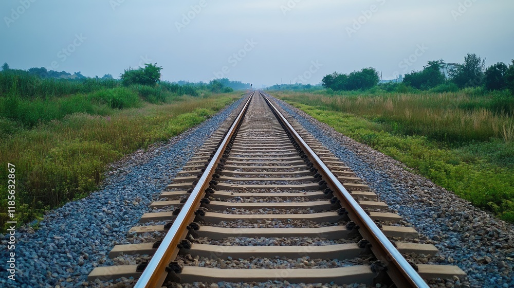 Fototapeta premium Railway Tracks Stretching into Distance Surrounded by Lush Greenery at Construction Site under Cloudy Sky