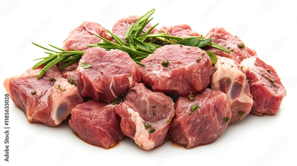 Fresh cut raw pork with aromatic herbs and spices ready for preparation on white background Fresh cut raw pork with aromatic herbs and spices ready for preparation on white background