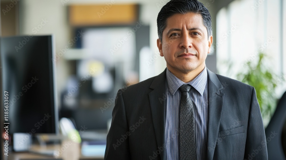 Fototapeta premium Confident Latino professional in formal attire stands in a modern office environment with focused expression and engaging presence.