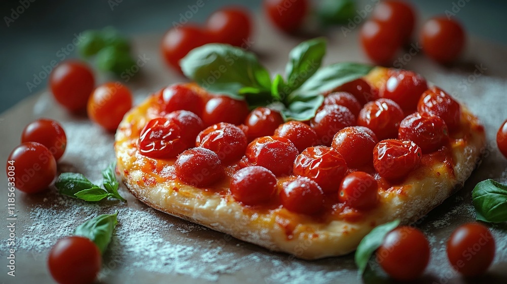 A heart-shaped pizza topped with cherry tomatoes and fresh basil, set on a wooden board with flour. A heart-shaped pizza topped with cherry tomatoes and fresh basil, set on a wooden board with flour.