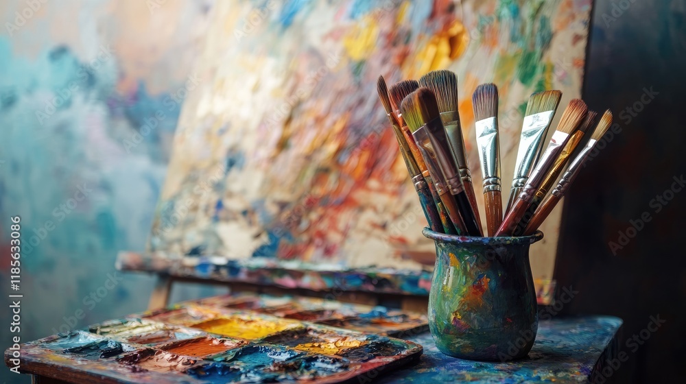 Fototapeta premium Artistic workspace with paintbrushes in a jug palette paint tubes and vibrant abstract painting on easel in a creative studio setting