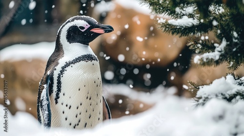 Penguin standing in a snowy landscape surrounded by falling snowflakes and natural scenery photo