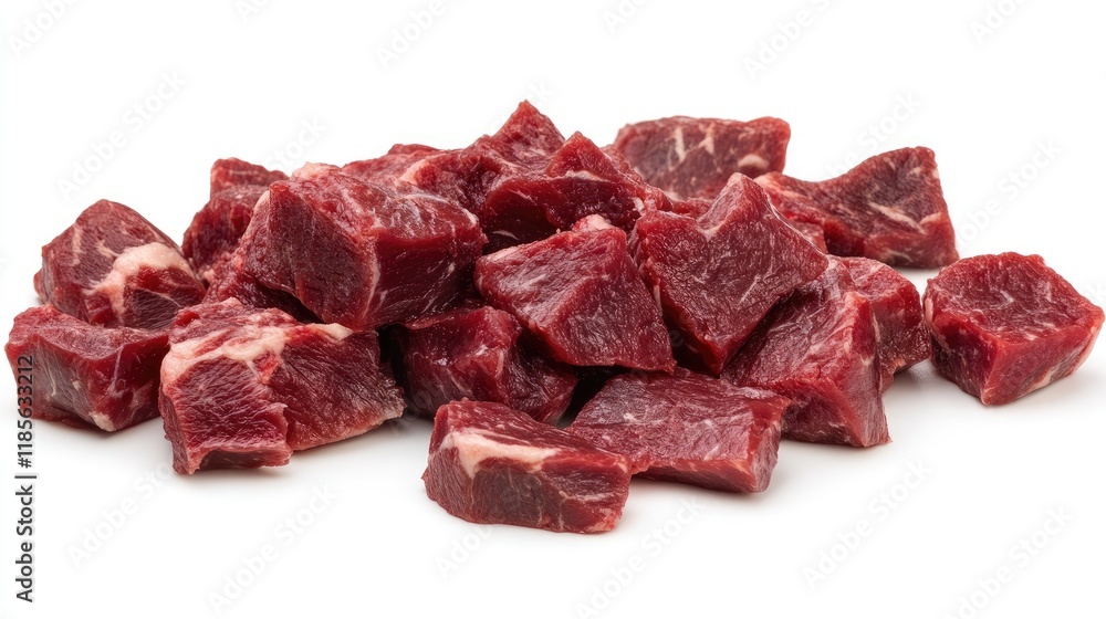 Assorted raw red meat cuts arranged on a white background showcasing freshness and quality for culinary or food industry purposes Assorted raw red meat cuts arranged on a white background showcasing freshness and quality for culinary or food industry purposes