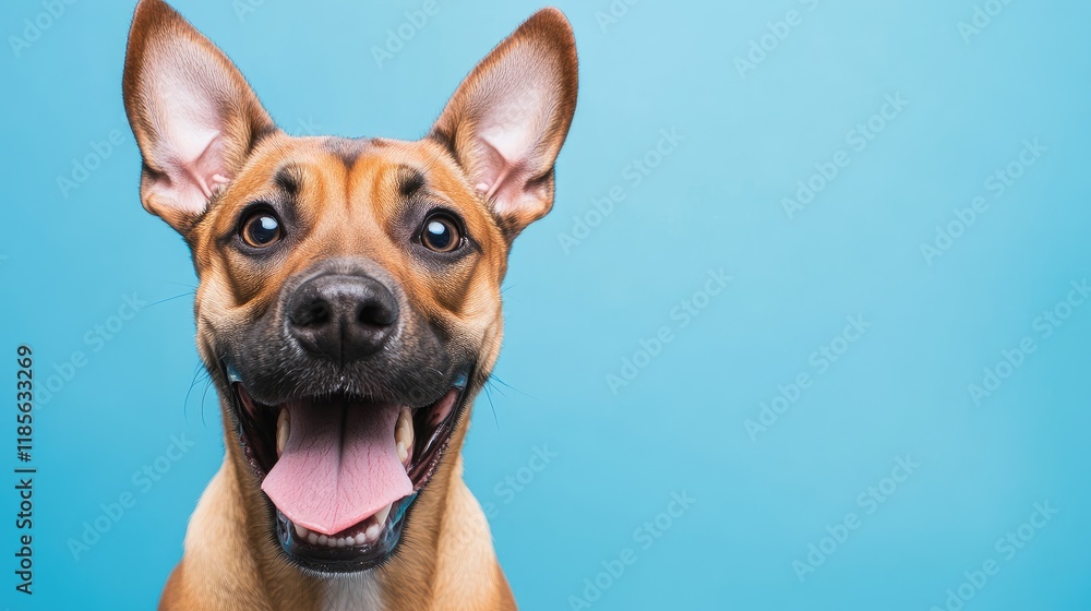 Obraz premium Playful dog portrait with a cheerful expression set against a vibrant blue beach background celebrating joy and companionship.