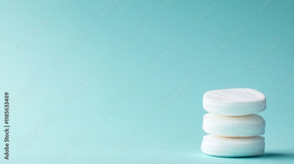 Cotton pads stack on soft blue background with ample copy space for product advertisements or skincare promotions Cotton pads stack on soft blue background with ample copy space for product advertisements or skincare promotions
