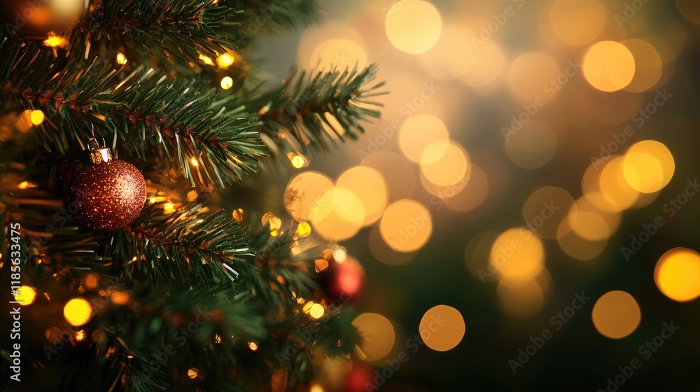 Festive New Year background with a decorated Christmas tree and glowing bokeh lights creating a warm holiday ambiance Festive New Year background with a decorated Christmas tree and glowing bokeh lights creating a warm holiday ambiance