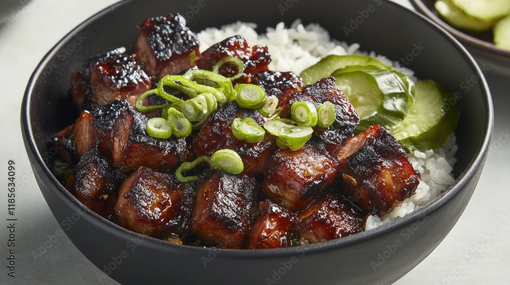 A close-up of a crispy pork dish served with a side of tangy pickles and fragrant rice, highlighting the harmony of flavors in this classic cuisine. A close-up of a crispy pork dish served with a side of tangy pickles and fragrant rice, highlighting the harmony of flavors in this classic cuisine.