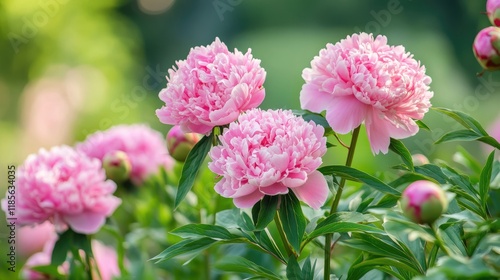 Fototapeta Naklejka Na Ścianę i Meble -  Beautiful blooming pink peony flowers in a vibrant garden setting showcasing lush green leaves and soft pink petals.