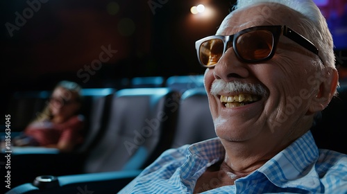 An elderly man enjoying a movie in a theater, smiling with sunglasses on.