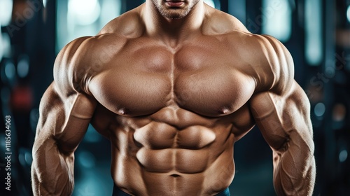 Muscular male physique demonstrating a well-defined chest in a fitness gym setting ideal for health and bodybuilding promotions.