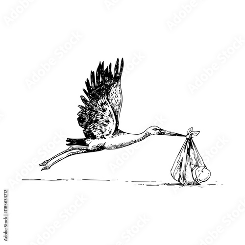 stork flying carrying baby sketch engraving black and white outline. Scratch board imitation.