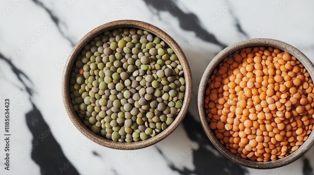 Organic green and red lentils in ceramic bowls on a marble surface showcasing healthy food choices and nutritious ingredients for cooking Organic green and red lentils in ceramic bowls on a marble surface showcasing healthy food choices and nutritious ingredients for cooking