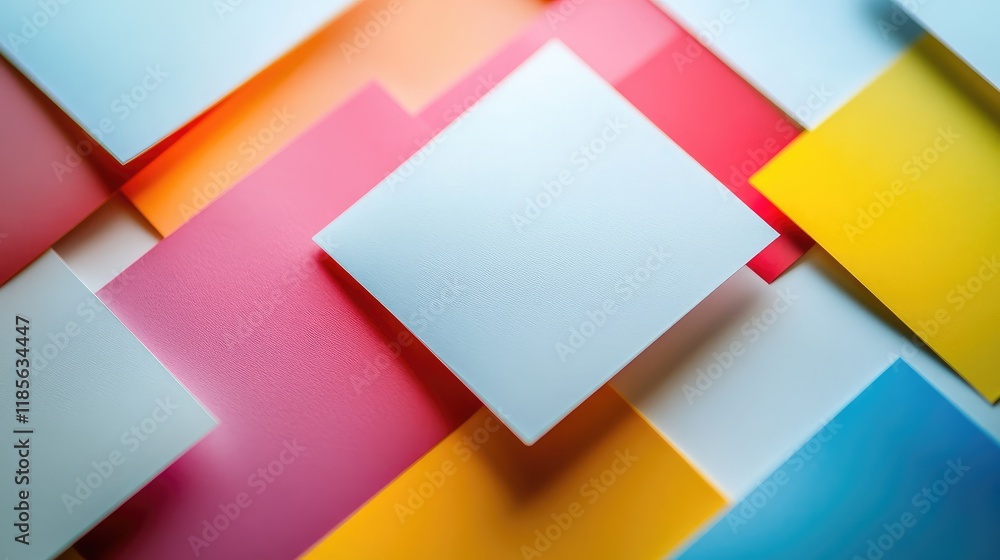 Minimalistic copyspace with blank white paper squares on colorful blurred rectangles background for creative inspiration and design layouts.