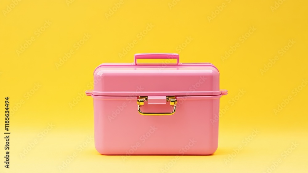 Colorful pink lunch box with handle on bright yellow background for vibrant food storage and school themes Colorful pink lunch box with handle on bright yellow background for vibrant food storage and school themes