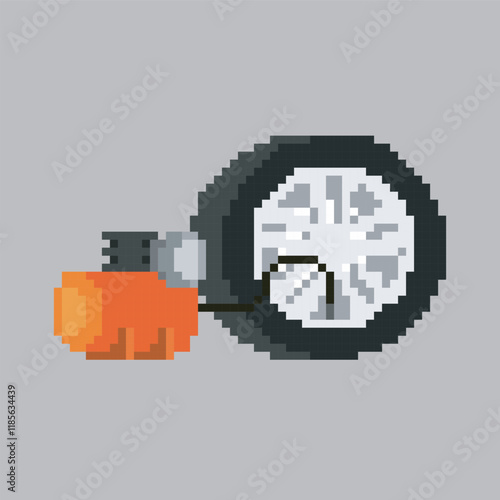 pixel art tire and air pump, vector illustration on isolated background.
