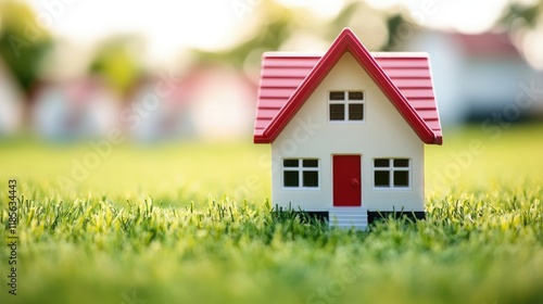 Wallpaper Mural Real Estate Concept Small House Model on Green Grass Background with Soft Focus on Distant Homes and Natural Light Torontodigital.ca