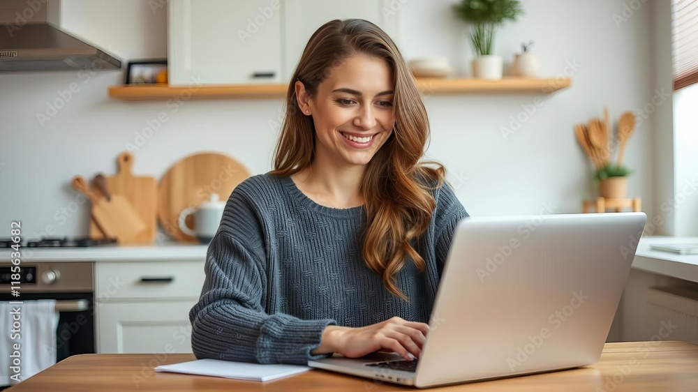 Mature caucasian woman smiling while working on laptop in kitchen at home, having a video conference call, remote work, mature, copy space Mature caucasian woman smiling while working on laptop in kitchen at home, having a video conference call, remote work, mature, copy space
