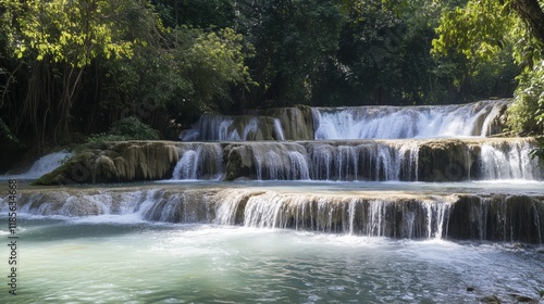 A Waterfall in the Middle of a Forest Surrounded by Trees - Generative AI