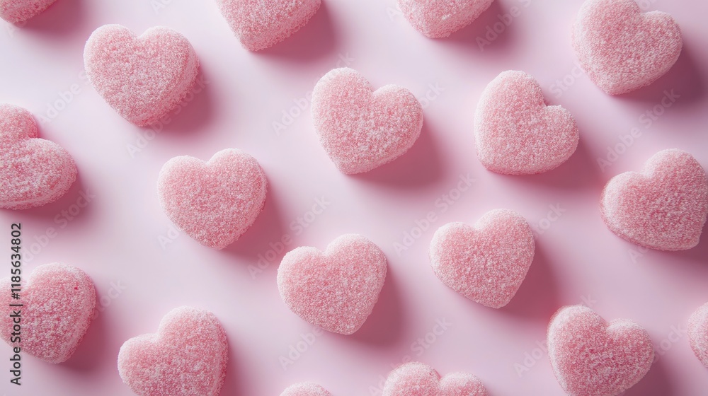 Fototapeta premium Pink heart-shaped candies scattered on a soft light background perfect for Valentine's Day or sweet-themed designs.