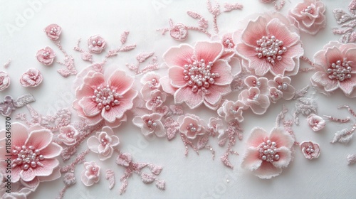 Wallpaper Mural 3D floral embroidery lace in soft pink hues featuring intricate beading on a pristine white background showcasing elegance and artistry Torontodigital.ca