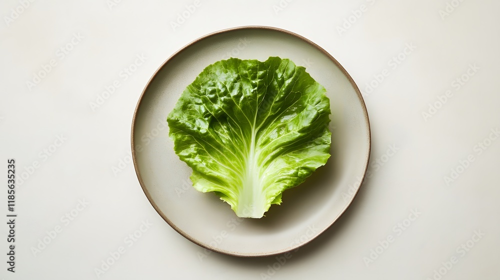 A single lettuce leaf rests on a beige plate A single lettuce leaf rests on a beige plate