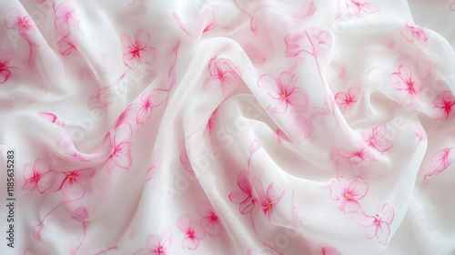 Delicate pink floral pattern on soft white fabric creating a gentle and elegant background design for various creative projects photo