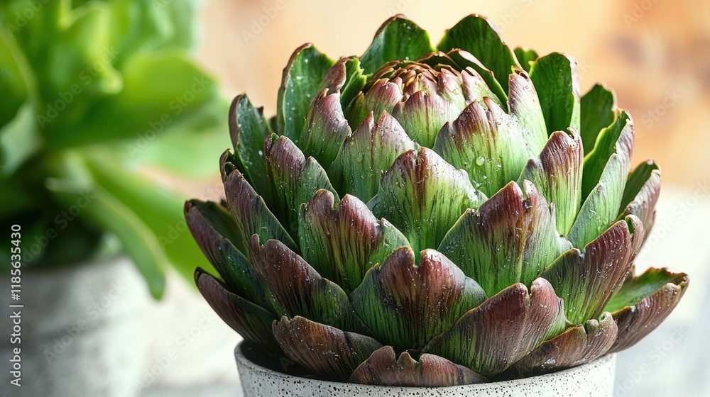 Closeup of a vibrant artichoke plant with water droplets, showcasing intricate leaf details and textures against a blurred succulent background