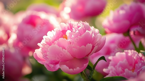 Fototapeta Naklejka Na Ścianę i Meble -  Delicate pink peony blossoms in a vibrant garden setting showcasing nature's beauty and floral elegance during the blooming season.