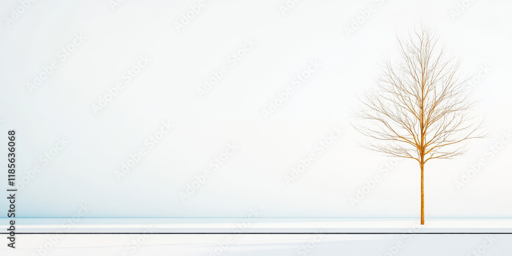 Obraz premium Winter landscape features a bare tree against a tranquil snow-covered background