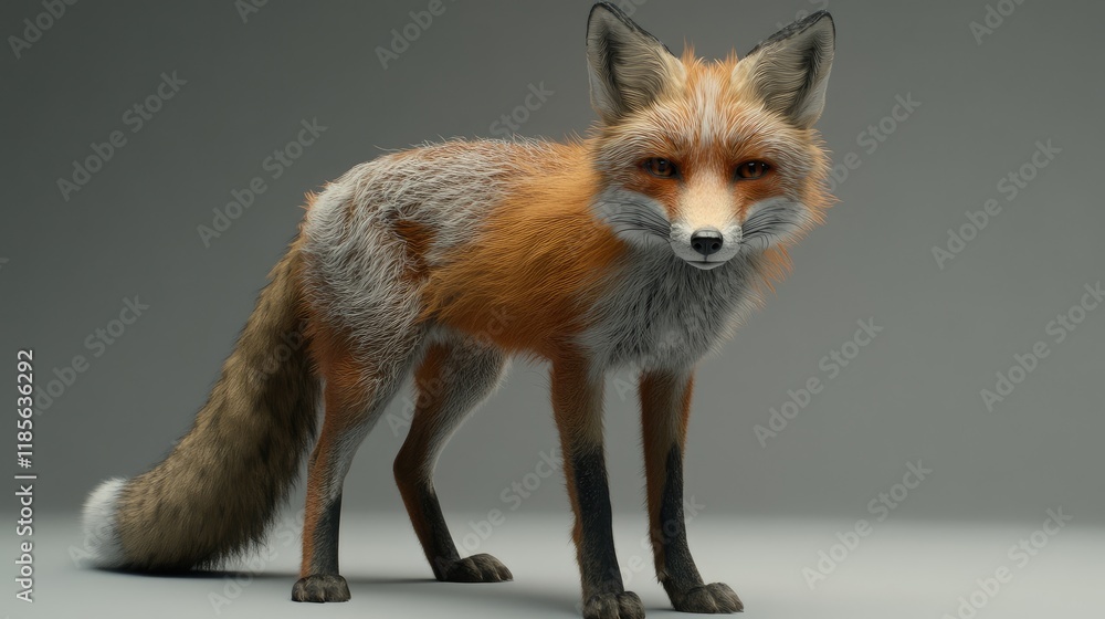 Obraz premium Red fox standing elegantly on a neutral gray background showcasing its vibrant fur and striking features in a captivating portrait format.