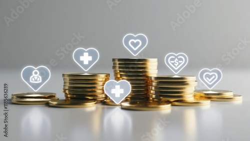 Health insurance premium care concept Coins stacked with health and wellness icons, symbolizing financial well-being.