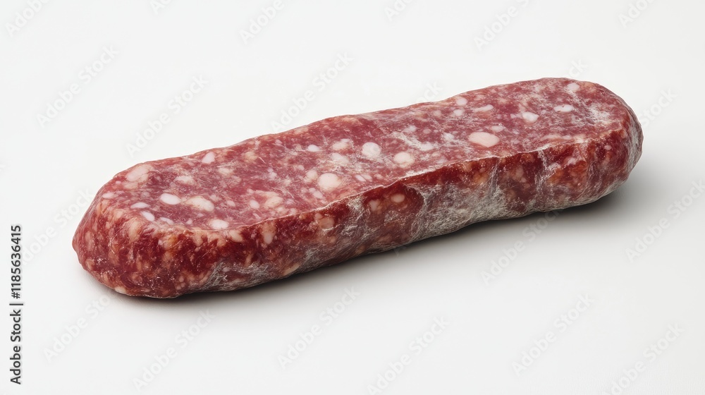 Fresh raw smoked sausage ready for culinary preparation isolated on white background showcasing its meaty texture and color. Fresh raw smoked sausage ready for culinary preparation isolated on white background showcasing its meaty texture and color.