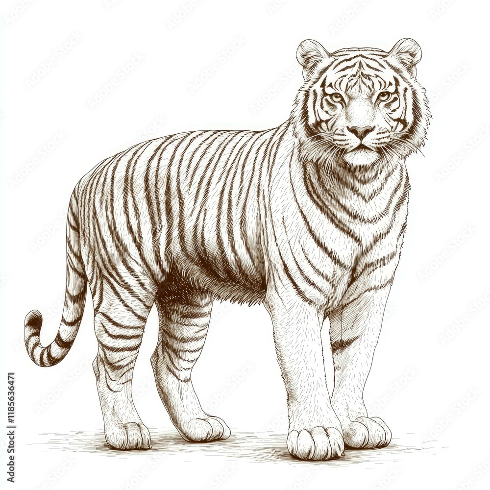 Obraz premium Majestic Bengal Tiger: A Detailed Pen and Ink Drawing of a Powerful Predator in the Wild