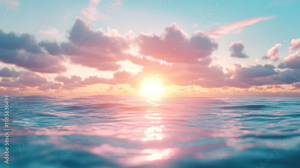 Fototapeta premium Sunlight breaking through clouds over a tranquil sea at sunset with vivid colors and soft waves creating a serene atmosphere