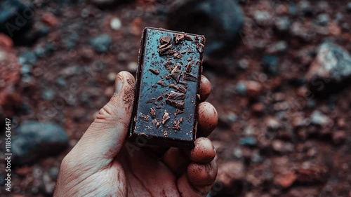 Chocolate bar found buried in the ground during outdoor exploration in a rustic environment photo