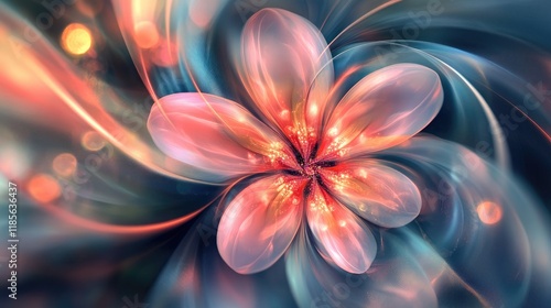Vibrant floral swirl with luminous elements creating a dreamy abstract background in soft focus hues of pink and blue